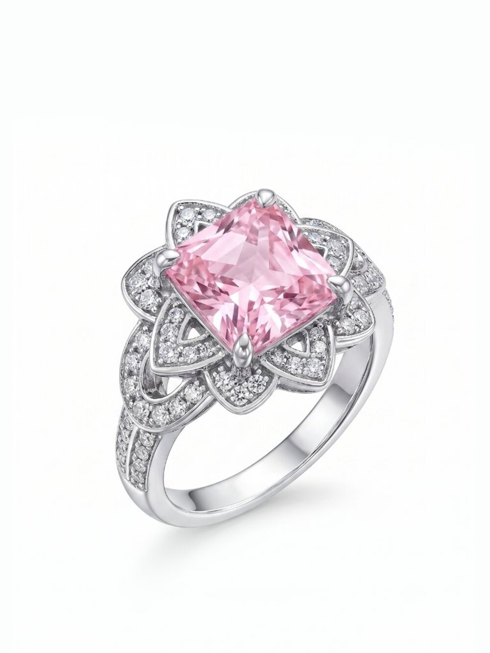 Princess Cut Floral Halo Ring - Pink Morganite, Liz Halston 925 Sterling Silver